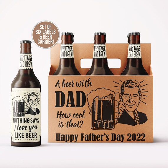 Regalo de cerveza para el día del padre con papá, paquete de seis cervezas  de cartón, feliz día del padre, cerveza, 6 etiquetas para botellas de