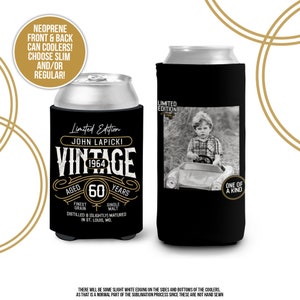 40th 50th 60th birthday photo regular or slim can coolies | vintage limited edition personalized can cooler | birthday party favor MCC-177