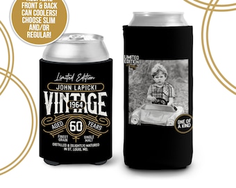 40th 50th 60th birthday photo regular or slim can coolies | vintage limited edition personalized can cooler | birthday party favor MCC-177