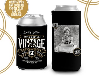 40th 50th 60th birthday photo regular or slim can coolies | vintage limited edition personalized can cooler | birthday party favor MCC-177