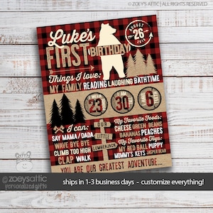 affiche des jalons du premier anniversaire | bûcheron d'abord | 1er anniversaire signe buffle plaid | ours bûcheron 1er anniversaire affiche BDP-003