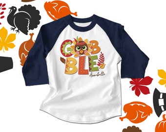 Thanksgiving kids shirt | turkey gobble raglan shirt for boys and girls | sweet shirt for Fall and Turkey Day festivities 22SNLF-103-R