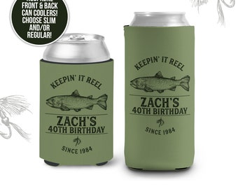 Birthday can coolies | keeping it reel 40th, 50th birthday or any age beverage insulators | slim or regular can size party favors MCC-320