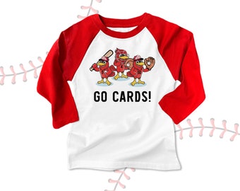 stl baseball shirt | go cards youth raglan shirt | st louis cards baseball | cardinal baseball 2022 kids raglan shirt 22cards-004