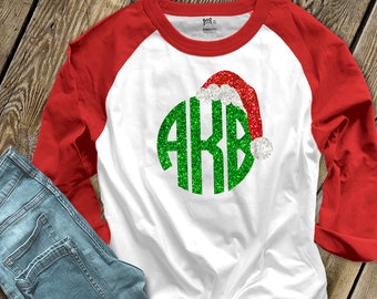 Holiday shirt monogram glitter Santa hat personalized ADULT raglan Tshirt - adorable sparkly monogrammed raglan shirt  MGSAR