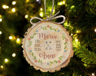 Personalized birth statistics flowers arrows birth announcement wood slice Christmas ornament MWO22-029