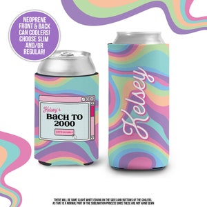 Bachelorette party can coolies | groovy bach to 2000 theme personalized beverage insulators | slim or regular can size party favors MCC-193