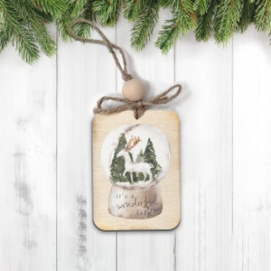 christmas snow globe it&#39;s a wonderful life rustic wood ornament white reindeer holiday ornament non-personalized ornament MWO22-060-W