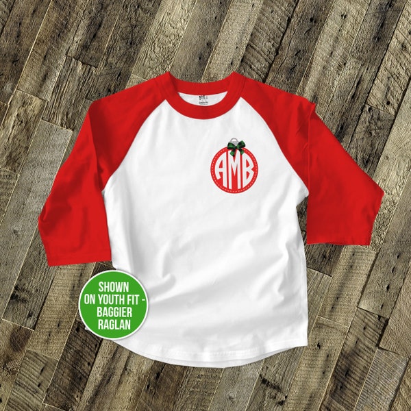 Holiday shirt monogram red Christmas ornament personalized raglan Tshirt - adorable custom monogrammed ornament raglan shirt 22SNLC-040-YR