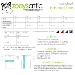 May include: Size chart for baseball tees in various sizes from XS to 3XL. The chart shows measurements for chest, body length, and sleeve length from center back.  The chart also includes information about the fit, details, and how to measure for the tees.
