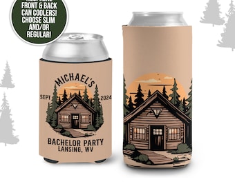 cabin camping Bachelor party can coolies | cabin in woods personalized beverage insulators | slim or regular can size party favors MCC-323