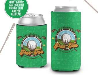 May include: Green and white golf-themed can cooler with the text "Nick's Bachelor Par-Tee Hilton Head Island" and a golf ball graphic. The cooler is decorated with golf-related icons.