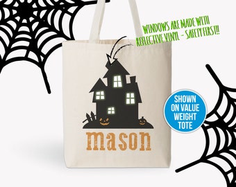 REFLECTIVE trick or treat bag - personalized spooky haunted house and name MBAG-010