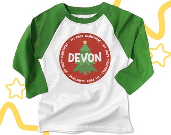 Personalized Christmas shirt - childrens toddler raglan sleeve Christmas tree shirt 22SNLC-072-R