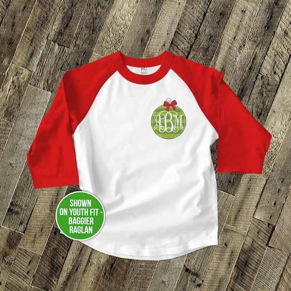 Holiday shirt monogram green Christmas ornament personalized raglan Tshirt - adorable custom monogrammed ornament raglan 22SNLC-039-YR