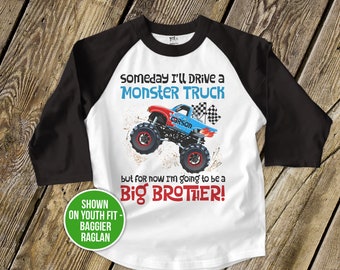 Big brother to be monster truck pregnancy announcement raglan Tshirt MTRAN-005NR