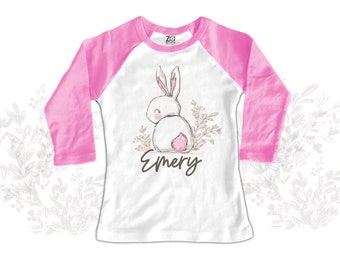 Easter shirt girl | sweet bunny pink cottontail raglan shirt | easter bunny simple personalized raglan shirt 22SNLE-065-R