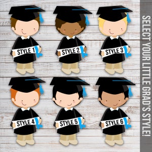 May include: Six different graduation cap designs for a graduation party. Each design features a cartoon graduate holding a diploma. The designs include different hair colors and skin tones. The text "SELECT YOUR LITTLE GRAD'S STYLE!" is on the right side of the image.