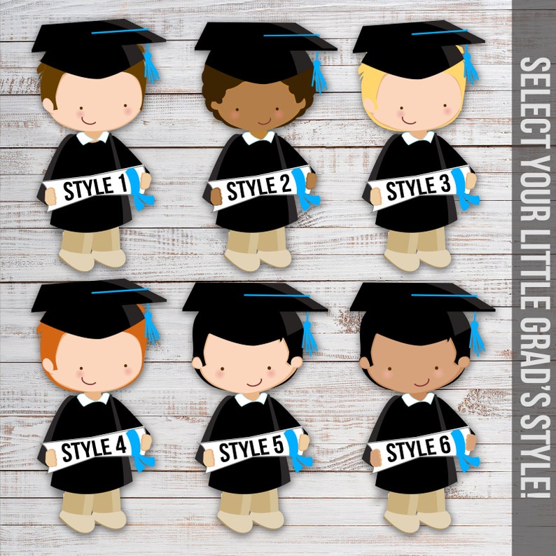 May include: Six different graduation cap designs for a graduation party. Each design features a cartoon graduate holding a diploma. The designs include different hair colors and skin tones. The text "SELECT YOUR LITTLE GRAD'S STYLE!" is on the right side of the image.