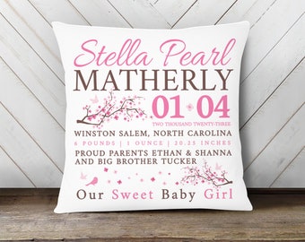 Birth announcement new baby gift custom cherry blossoms and bird throw pillow BP-082