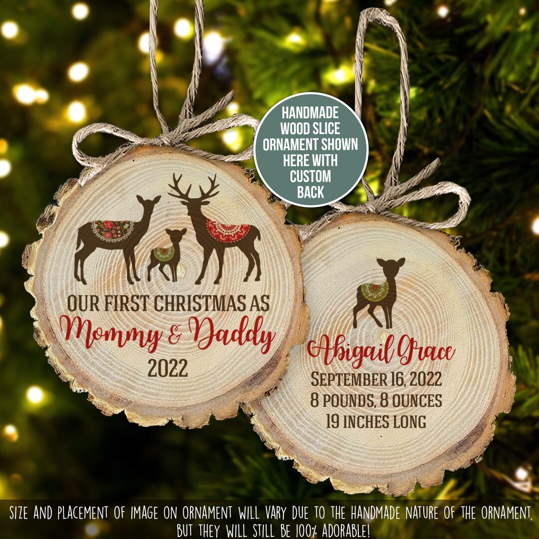 Reindeer First Christmas Mommy Daddy Cut Wood Ornament MWO22-021