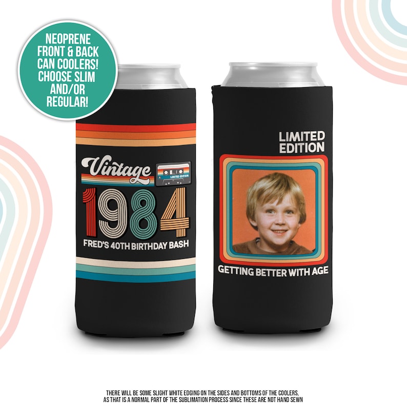 40th birthday photo slim or regular can coolie personalized classic nostalgia can cooler any age birthday party favor can cooler MCC-227 image 2