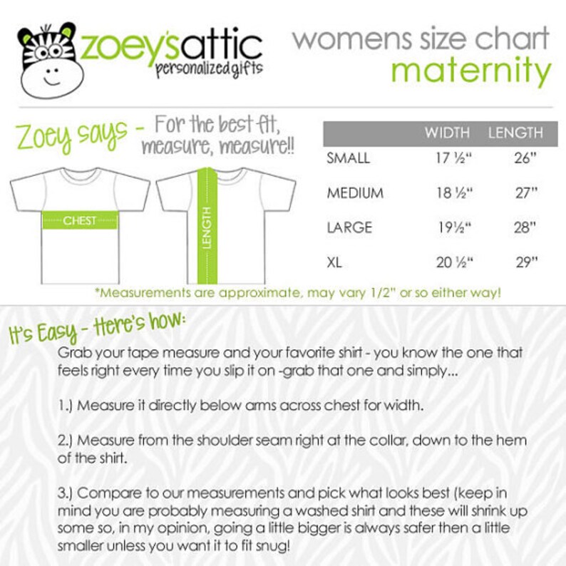 May include: A size chart for maternity clothing with measurements in inches. The chart shows the width and length of different sizes, including small, medium, large, and extra large. The chart also includes instructions on how to measure yourself for the best fit.
