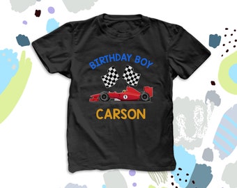 Birthday boy personalized any age racecar dark tshirt 22BD-087-D