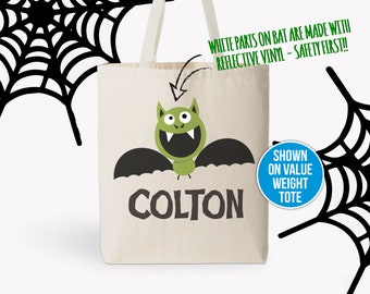 REFLECTIVE trick or treat bag - bat spooky fun - halloween candy bag - personalized bat and name MBAG-011