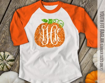 Pumpkin vine monogram glitter sparkly monogrammed pumpkin personalized GIRLS raglan shirt  SNLF-050-ROLa