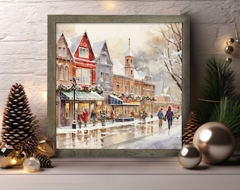 Snowy holiday decorated storefronts street scene Framed Vintage Christmas shops Print: High-Quality Canvas Art, Christmas Print - Framed