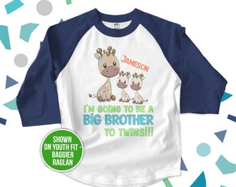Big brother to be to twins funky giraffe pregnancy announcement raglan Tshirt MGRF-010-R