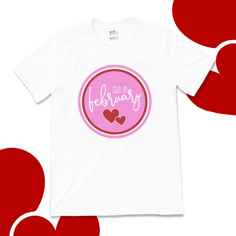 Due in February circle with hearts long or short sleeve maternity of non maternity pregnancy announcement Tshirt MMAT-032 image 2