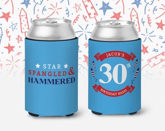 30 birthday party can coolies | star spangled & hammered can coolers | birthday bash personalized slim or regular size can coolies MCC-160