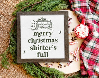 christmas parody sign funny merry christmas shitter's full rustic farmhouse wood framed holiday wall art canvas print christmas sign