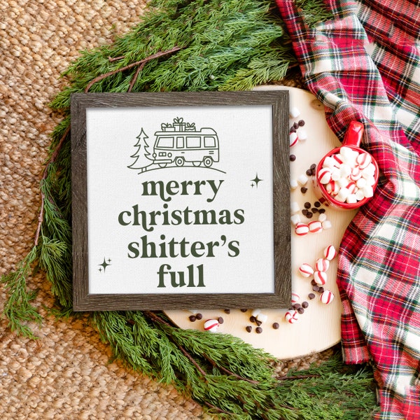christmas parody sign funny merry christmas shitter's full rustic farmhouse wood framed holiday wall art canvas print christmas sign