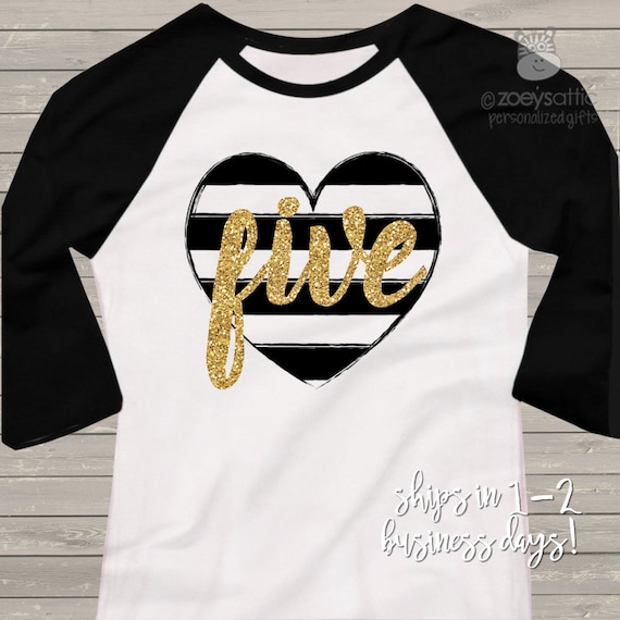 Fifth birthday gold glitter five black white striped heart 5th birthday (or ANY age) raglan shirt - sparkly gold glitter birthday shirt