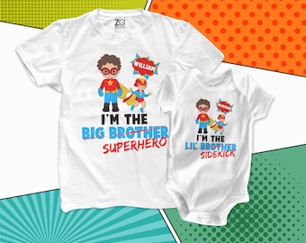 Comic book big brother or sister superhero li'l sidekick sibling Tshirt set - personalized sibling t-shirts TWO shirts - MSUP-011