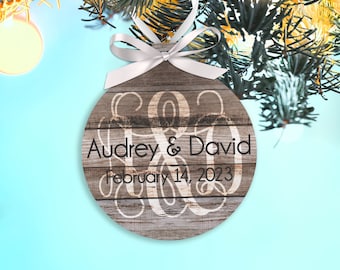 Couples First Christmas Rustic faux wood | monogram ornament first Christmas together Monogrammed first Christmas couples ornament MRA-029