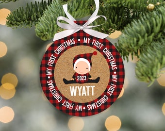 baby's first christmas ornament | red black plaid buffalo plaid rustic lumberjack | my first christmas ornament personalized MRA-012