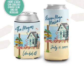 May include: Two personalized neoprene can coolers with a beach theme. The coolers feature a beach house, palm trees, and the text "Riviera Maya Mexico" and "The Meyers". One cooler has the text "We did it!" and the date "July 17, 2024".