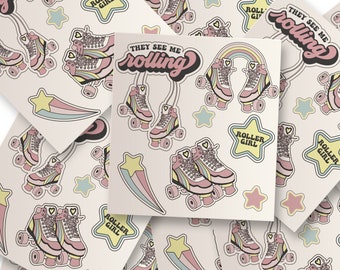 Rollerskate stickers party favors stickers roller skate party girls birthday party theme rollerskating party favor stickers set of 7 sticker