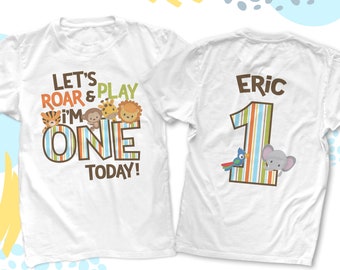 zoo / jungle theme First 1st birthday shirt - let&#39;s roar and play i&#39;m one today lion tiger giraffe elephant shirt 22BD-021-FB