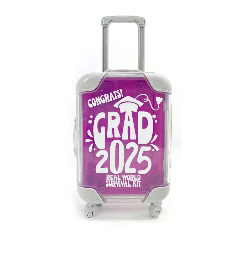 May include: A small, clear, grey suitcase with a purple background and the text "Congrats! Grad 2025 Real World Survival Kit" printed on it.