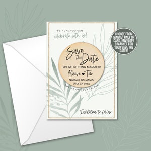 simple save the date cards and magnets we're getting married beach destination wedding lightweight wood circle magnet and/or cards 22MAG-003