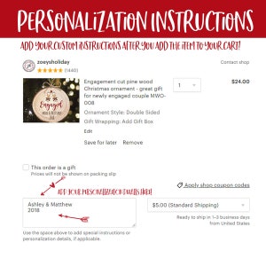 May include: A personalized Christmas ornament made of cut pine wood. The ornament features the word "Engaged" with the couple's names and the year. The ornament is double-sided and can be personalized with a gift box.