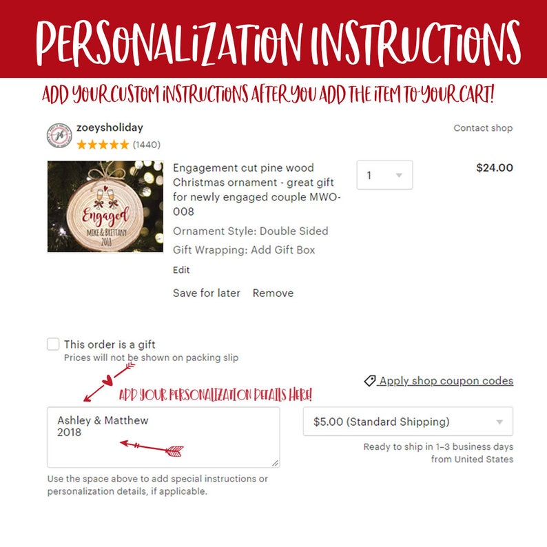 May include: A personalized Christmas ornament made of cut pine wood. The ornament features the word "Engaged" with the couple's names and the year. The ornament is double-sided and can be personalized with a gift box.