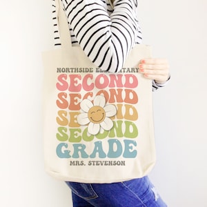 Second grade teacher team tote bag | groovy 70s wavy font teacher tote bag | first grade any grade smile  face retro tote | 22MSCL2-002-Bag