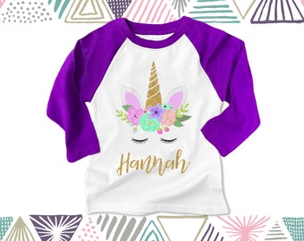 Unicorn face sparkly GLITTER personalized raglan shirt- whimsical unicorn GLITTER tshirt 22BD-031R-name
