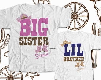 Big sister little brother matching shirt set- western cowboy or cowgirl personalized sibling t-shirts TWO shirts MCOW-001-set